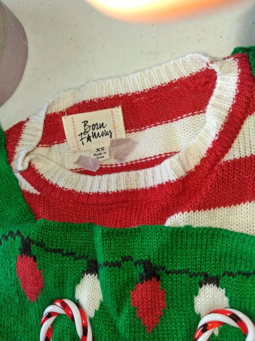 Born Famous Christmas Ornament Jumper Dress - Green, Red, White